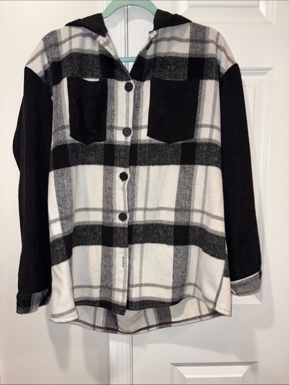 SHEIN Black and White Plaid Shacket with Solid Black Trim
